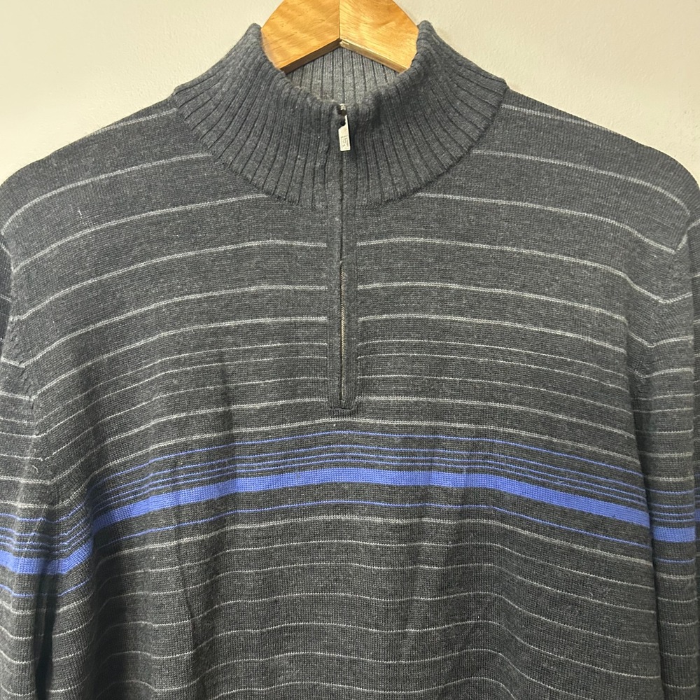 Tiger Woods Pullover Sweater Men Large Gray Striped‎ 1/4 Zip Merino Wool Golf
